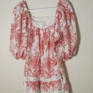Whitewith Rust Floral Print and Lace Trim Summer, Cruise, Vacation Beachy